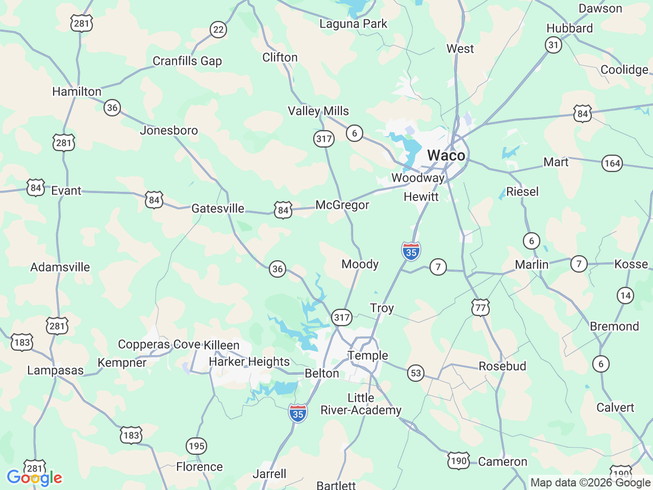 Map of Central Texas showing McAfee Window Cleaning service areas